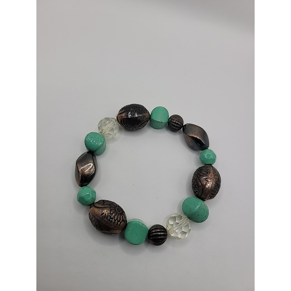 Vintage Premier Designs Bronze Tone Green Beaded Stretch Bracelet Boho Artisian